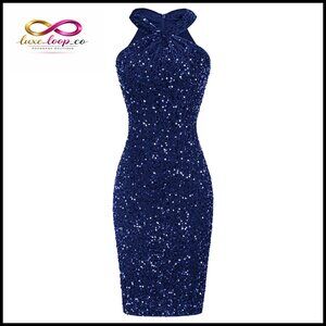 Sequin Halter Bodycon Mini Dress Sleeveless Sparkly Glitter Party Club